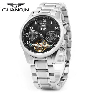 GUANQIN Male Leather Tourbillon Automatic Mechanical Watch with Calendar Display 30M Water Resistant Two Moving Sub-dials