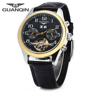 GUANQIN Male Leather Tourbillon Automatic Mechanical Watch with Calendar Display 30M Water Resistant Two Moving Sub-dials