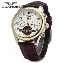 Load image into Gallery viewer, GUANQIN Male Leather Tourbillon Automatic Mechanical Watch with Calendar Display 30M Water Resistant Two Moving Sub-dials