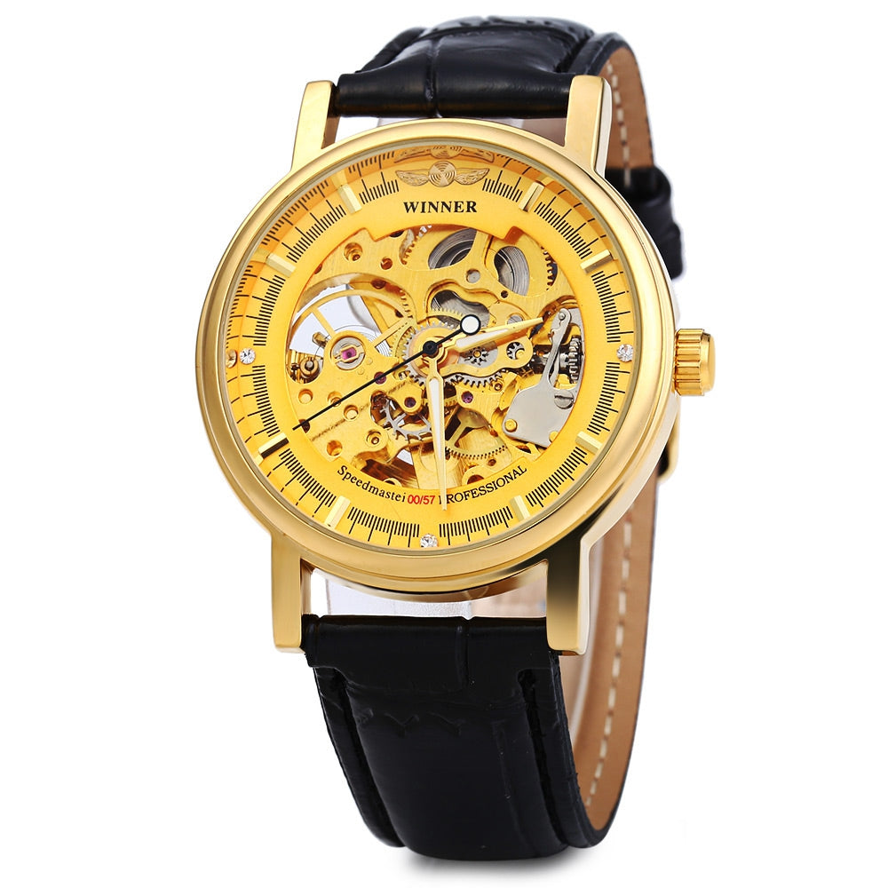 Winner W088 Hollow Out Mechanical Watch with Leather Strap for Male