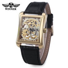 Load image into Gallery viewer, Winner W09 Rectangle Dial Mechanical Hollow Out Watch for Men with Leather Strap