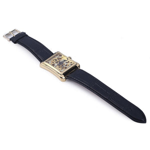 Winner W09 Rectangle Dial Mechanical Hollow Out Watch for Men with Leather Strap