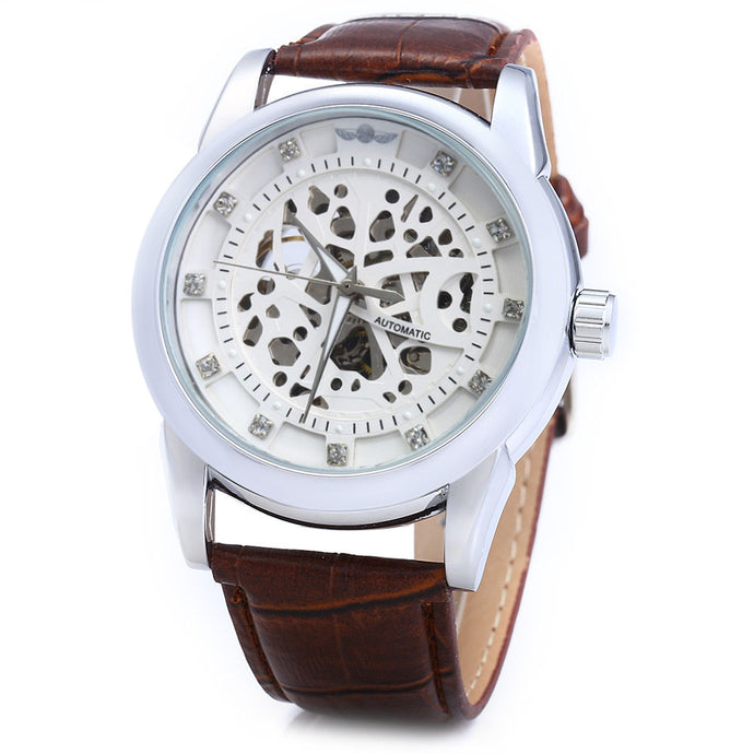 Winner W045 Men Hollow Automatic Mechanical Watch with Leather Band Rhinestone Scales