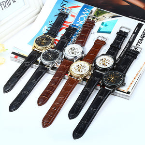 Winner W045 Men Hollow Automatic Mechanical Watch with Leather Band Rhinestone Scales