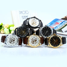 Load image into Gallery viewer, Winner W045 Men Hollow Automatic Mechanical Watch with Leather Band Rhinestone Scales