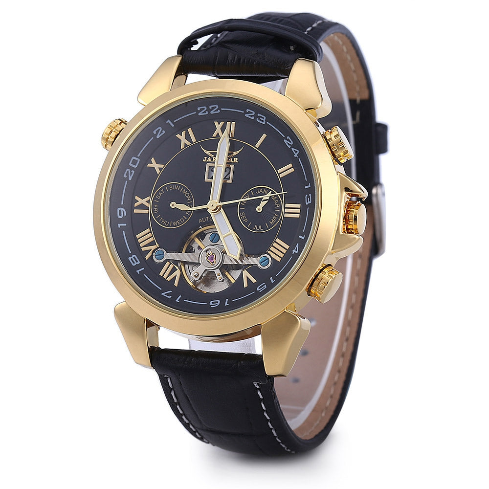 JARAGAR H057M Tourbillon Automatic Mechanical Watch for Men Leather Band Date Week Month