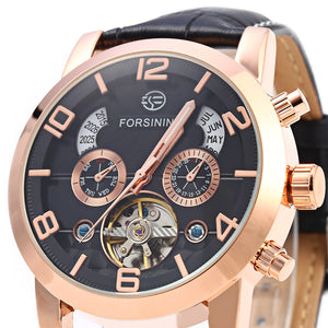 Forsining A165 Tourbillon Automatic Mechanical Watch for Men Leather Band Date Week Month Year Display