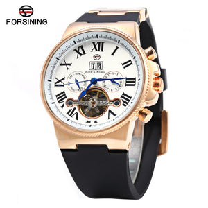 Forsining 2373 Tourbillon Automatic Mechanical Watch for Men Rubber Band Date Week Month Display