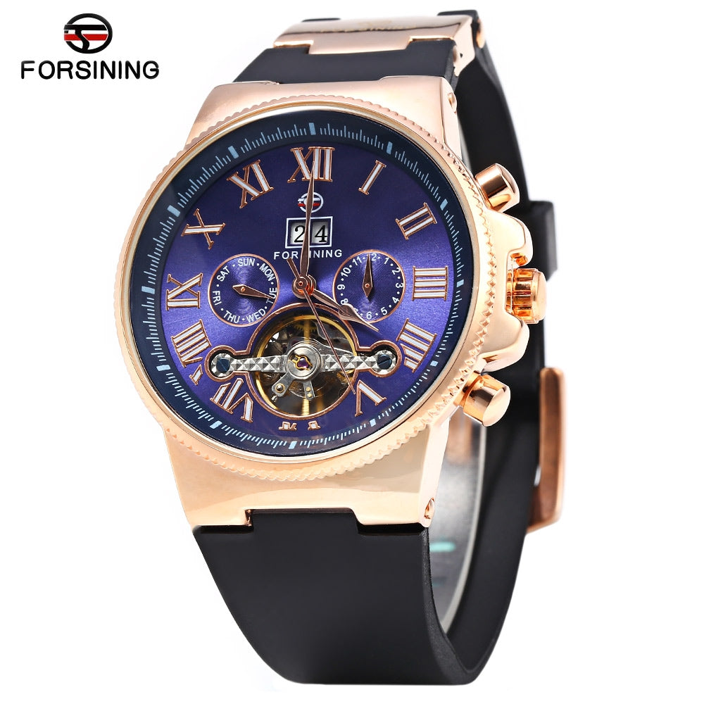 Forsining 2373 Tourbillon Automatic Mechanical Watch for Men Rubber Band Date Week Month Display