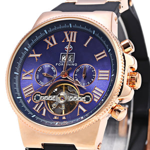 Forsining 2373 Tourbillon Automatic Mechanical Watch for Men Rubber Band Date Week Month Display