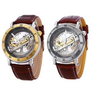 SHENHUA 9584 Men Auto Mechanical Watch Transparent Luminous Pointer See Through Roman Dial with Artificial Diamond Wristwatch