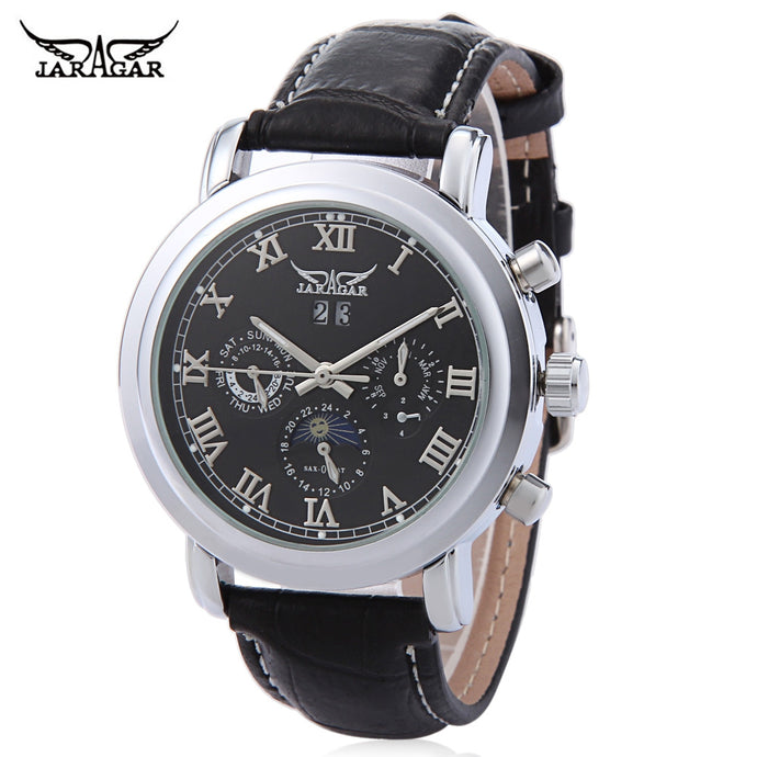 JARAGAR F2016620 Male Auto Mechanical Watch Month Date Day Moon Phase Display Wristwatch