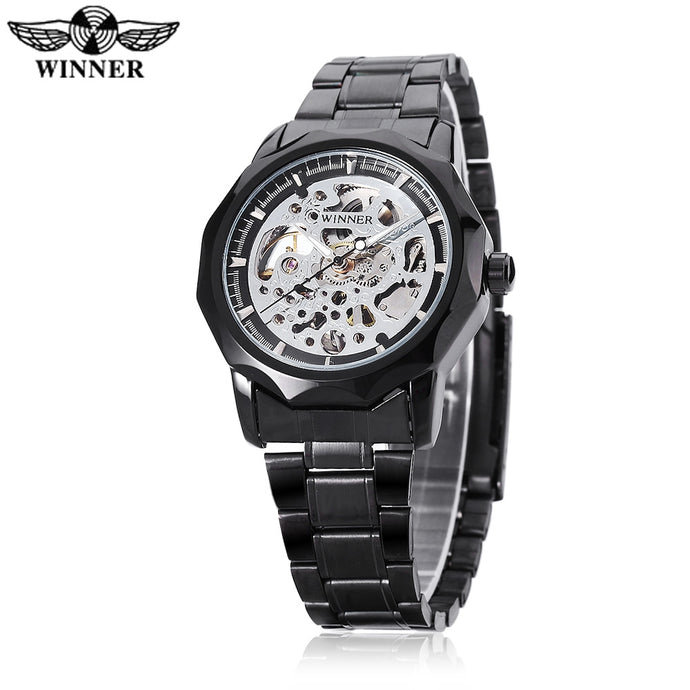 WINNER U8061 Male Auto Mechanical Watch Hollow-out Dial Stainless Steel Band Wristwatch