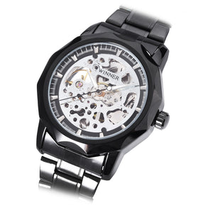 WINNER U8061 Male Auto Mechanical Watch Hollow-out Dial Stainless Steel Band Wristwatch