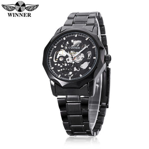 WINNER U8061 Male Auto Mechanical Watch Hollow-out Dial Stainless Steel Band Wristwatch