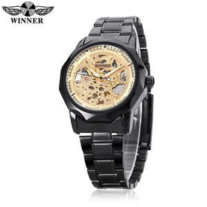 WINNER U8061 Male Auto Mechanical Watch Hollow-out Dial Stainless Steel Band Wristwatch