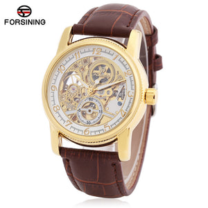 Forsining F042603 Male Auto Mechanical Watch Hollow-out Dial Genuine Leather Band Wristwatch