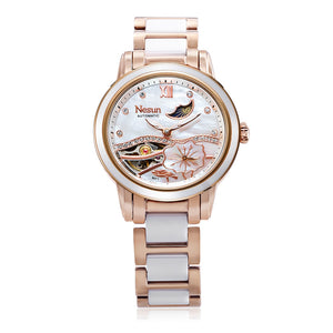 NESUN LS9071 Women Auto Mechanical Watch Artificial Diamond Lotus Pattern Dial Moon Phase Display Wristwatch