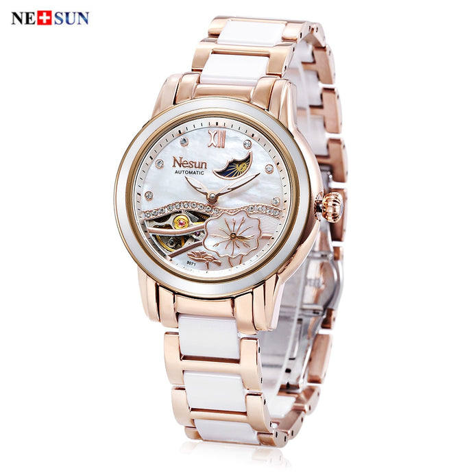 NESUN LS9071 Women Auto Mechanical Watch Artificial Diamond Lotus Pattern Dial Moon Phase Display Wristwatch