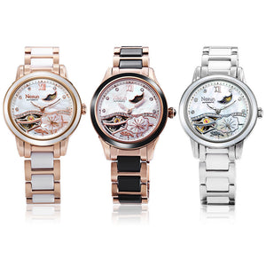 NESUN LS9071 Women Auto Mechanical Watch Artificial Diamond Lotus Pattern Dial Moon Phase Display Wristwatch