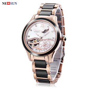 NESUN LS9071 Women Auto Mechanical Watch Artificial Diamond Lotus Pattern Dial Moon Phase Display Wristwatch