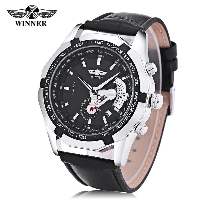 Winner F120535 Men Mechanical Watch Date Display Luminous Leather Band Wristwatch