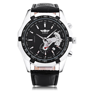 Winner F120535 Men Mechanical Watch Date Display Luminous Leather Band Wristwatch