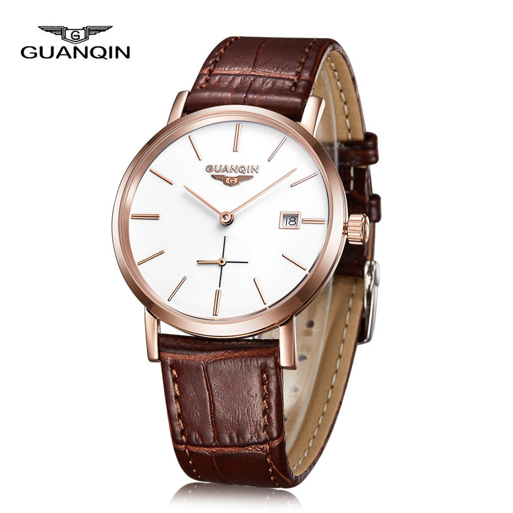 GUANQIN GJ16028 Men Auto Mechanical Watch Working Sub-dial Date Genuine Leather Band Wristwatch