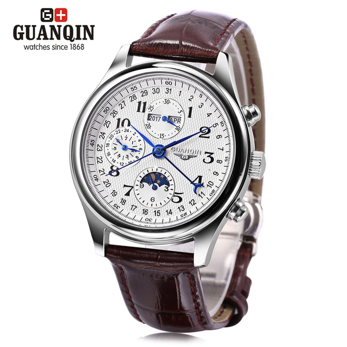 GUANQIN GQ20022 Male Auto Mechanical Watch Moon Phase Calendar 24 Hours System Men Wristwatch