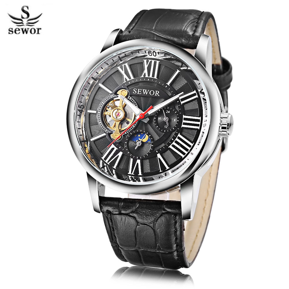 SEWOR SW069 Men Auto Mechanical Watch Tourbillon Luminous Moon Phase 24 hours Display Wristwatch