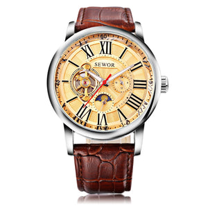 SEWOR SW069 Men Auto Mechanical Watch Tourbillon Luminous Moon Phase 24 hours Display Wristwatch