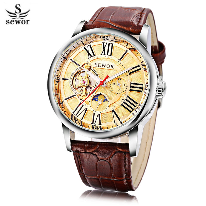 SEWOR SW069 Men Auto Mechanical Watch Tourbillon Luminous Moon Phase 24 hours Display Wristwatch