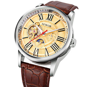 SEWOR SW069 Men Auto Mechanical Watch Tourbillon Luminous Moon Phase 24 hours Display Wristwatch