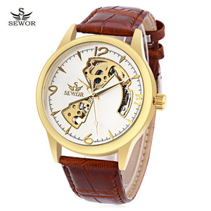 SEWOR SW031 Mechanical Hollow Dial Male Watch Leather Band Luminous Men Wristwatch