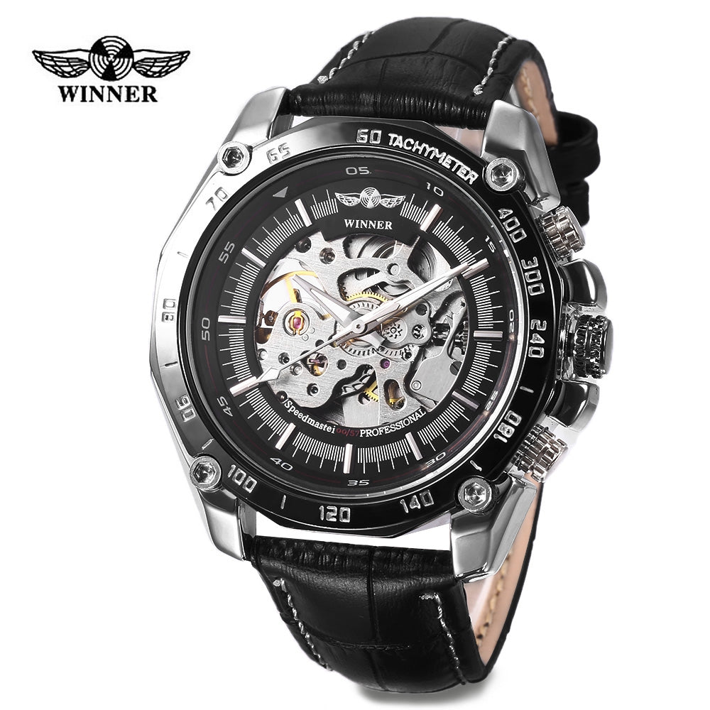 Winner 427 Male Auto Mechanical Watch Luminous Leather Band Wristwatch for Men