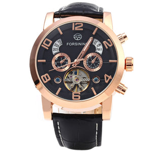 Forsining A165 Tourbillon Automatic Mechanical Watch for Men Leather Band Date Week Month Year Display